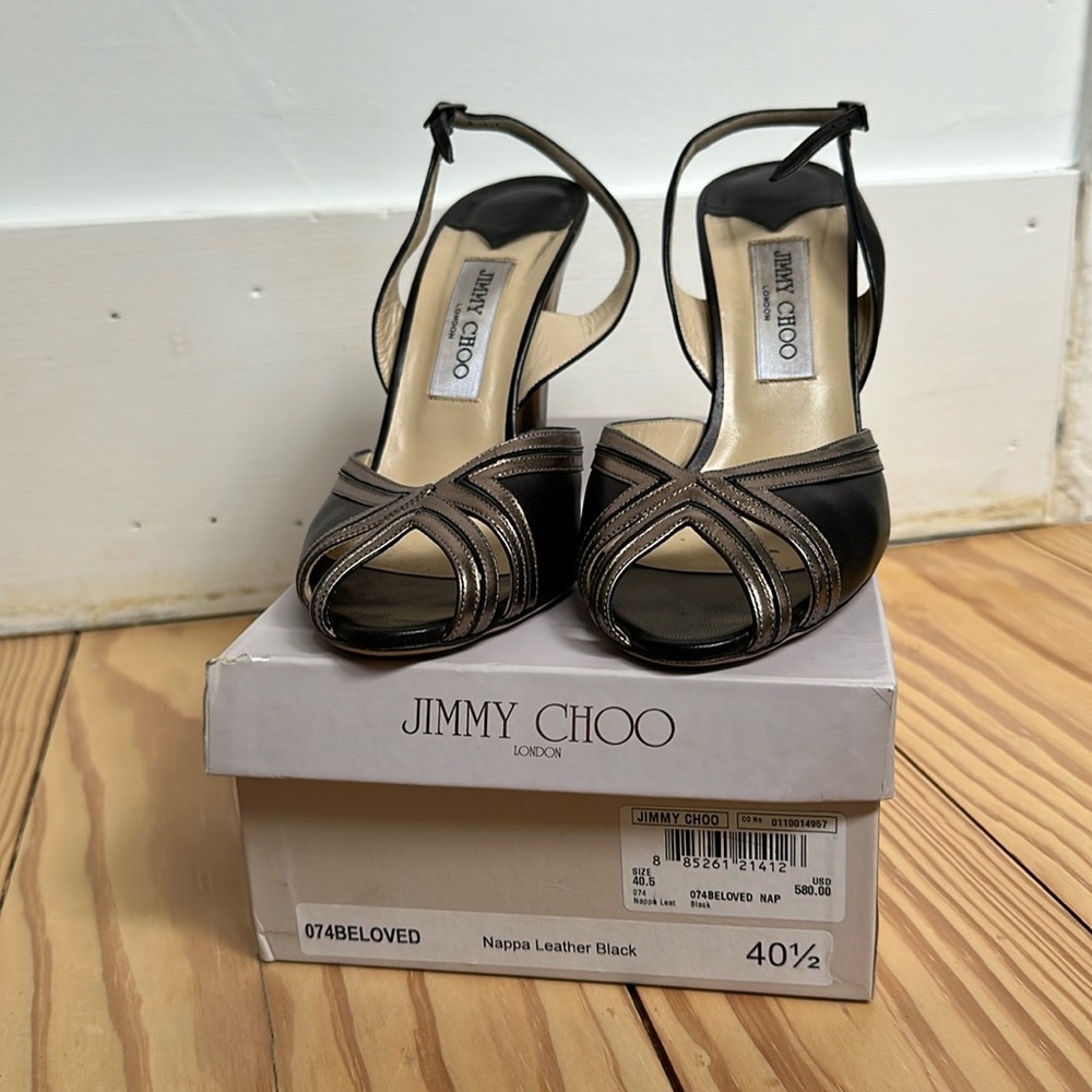 Used Jimmy Choo black and pewter/silver sling backs
